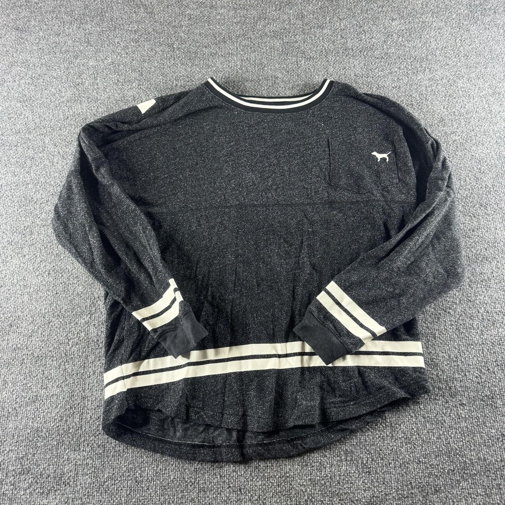 PINK Victoria's Secret Sweatshirt Womens L Black Long Sleeve Striped Crewneck